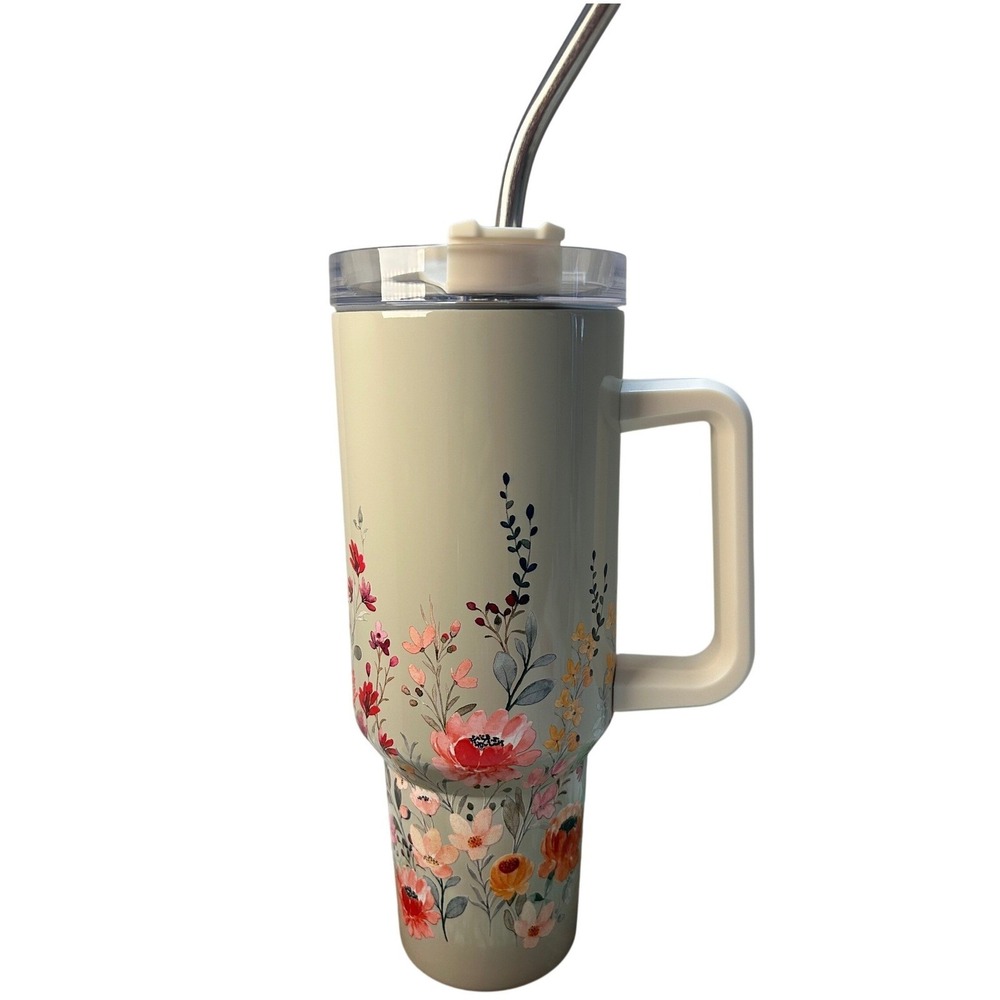 Floral 40oz Insulated Stainless Steel Tumbler with Handle and Metal Straw Cream